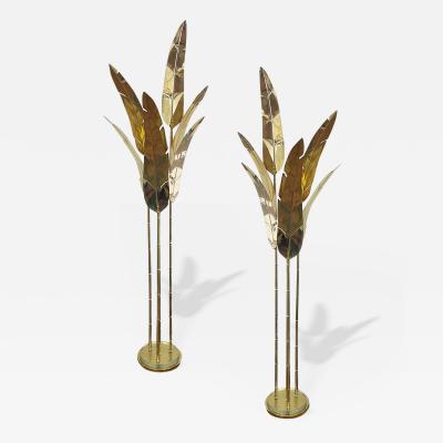 Contemporary Italian Art Deco Design Palm Tree Pair of 7 Leaf Brass Floor Lamps