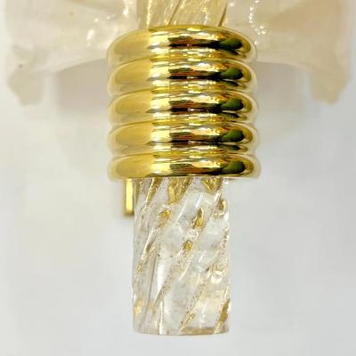 Contemporary Italian Art Deco Pair Crystal Gold Murano Glass Brass Leaf Sconces