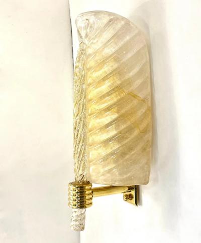 Contemporary Italian Art Deco Pair Crystal Gold Murano Glass Brass Leaf Sconces