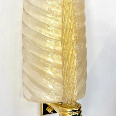 Contemporary Italian Art Deco Pair Crystal Gold Murano Glass Brass Leaf Sconces