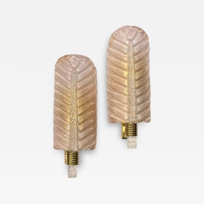 Contemporary Italian Art Deco Pair of Pink Gold Leaf Murano Glass Brass Sconces