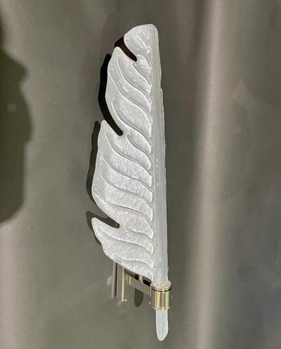 Contemporary Italian Art Deco Pair of White Murano Glass Nickel Leaf Sconces