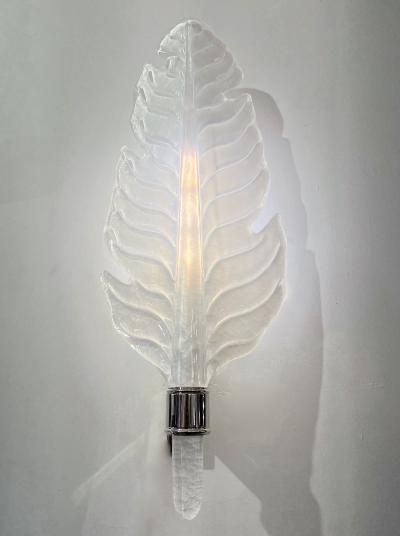 Contemporary Italian Art Deco Pair of White Murano Glass Nickel Leaf Sconces