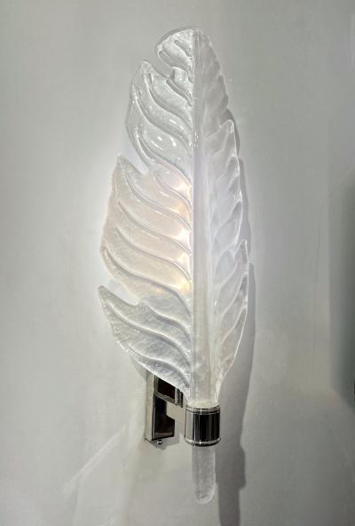 Contemporary Italian Art Deco Pair of White Murano Glass Nickel Leaf Sconces
