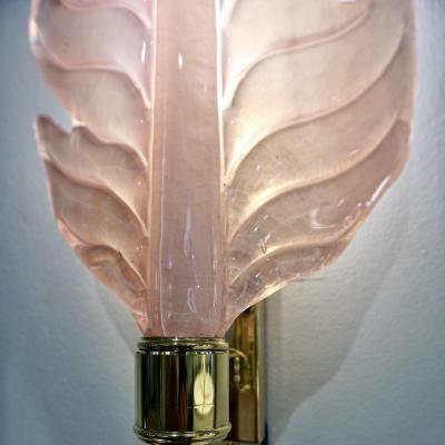 Contemporary Italian Art Deco Pink Murano Glass Brass Feather Leaf Wall Light