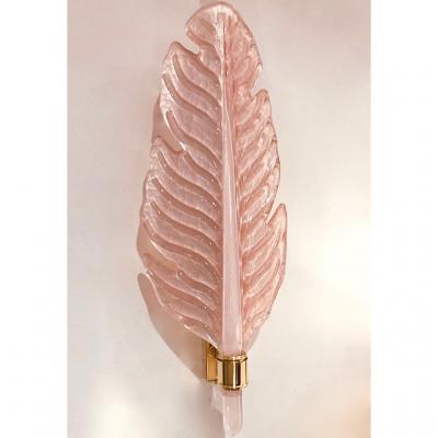 Contemporary Italian Art Deco Pink Murano Glass Brass Feather Leaf Wall Light