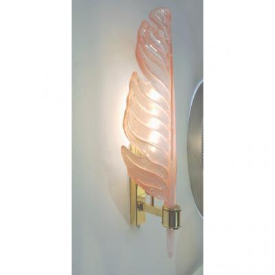 Contemporary Italian Art Deco Pink Murano Glass Brass Feather Leaf Wall Light