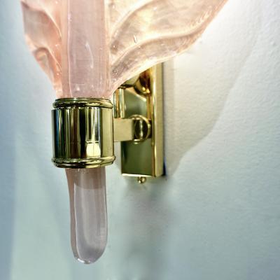 Contemporary Italian Art Deco Pink Murano Glass Brass Feather Leaf Wall Light