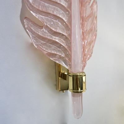 Contemporary Italian Art Deco Pink Murano Glass Brass Feather Leaf Wall Light