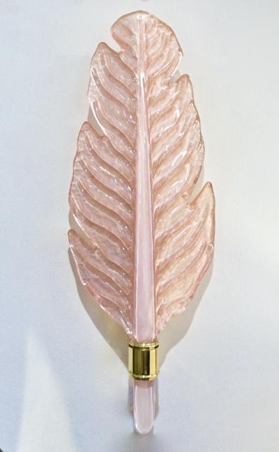 Contemporary Italian Art Deco Pink Murano Glass Brass Feather Leaf Wall Light