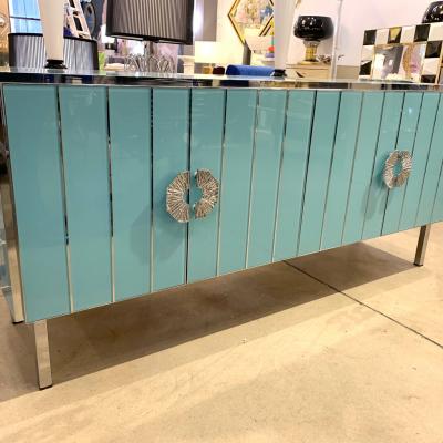 Contemporary Italian Art Deco Style Aqua Turquoise Glass Nickel Modern Cabinet