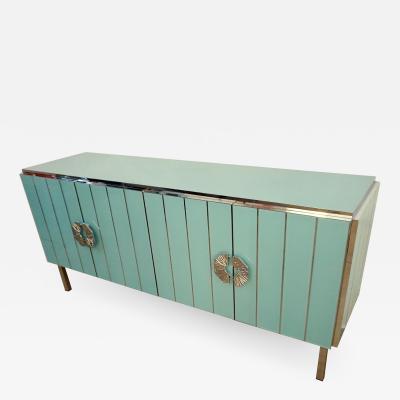 Contemporary Italian Art Deco Style Aqua Turquoise Glass Nickel Modern Cabinet