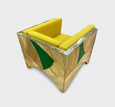 Contemporary Italian Bamboo Armchair with Green Brass Details Yellow Fabric