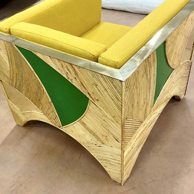 Contemporary Italian Bamboo Armchair with Green Brass Details Yellow Fabric