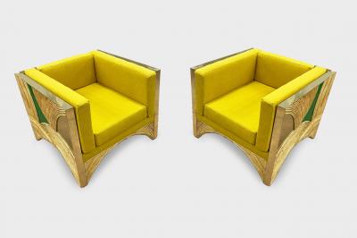 Contemporary Italian Bamboo Armchair with Green Brass Details Yellow Fabric
