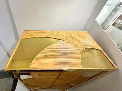Contemporary Italian Bamboo Cabinet Bar with 2 Door 2 Glass Shelf Brass Details
