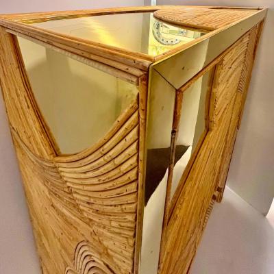 Contemporary Italian Bamboo Cabinet Bar with 2 Door 2 Glass Shelf Brass Details