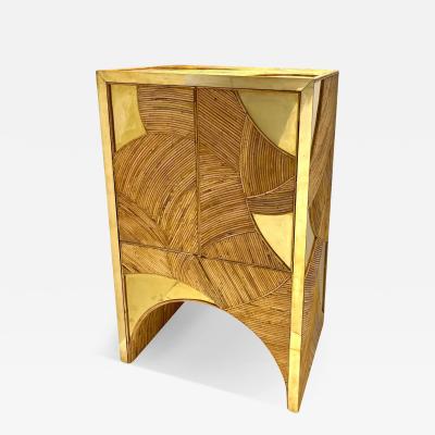 Contemporary Italian Bamboo Cabinet Bar with 2 Door 2 Glass Shelf Brass Details