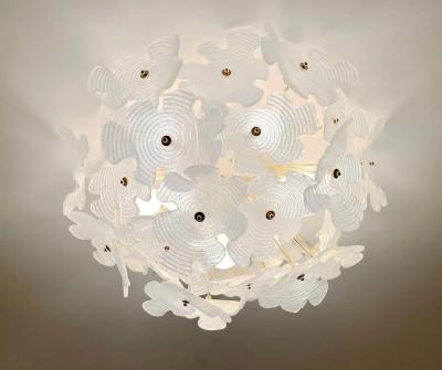 Contemporary Italian Brass Satin White Murano Glass Flower Sputnik Flushmount