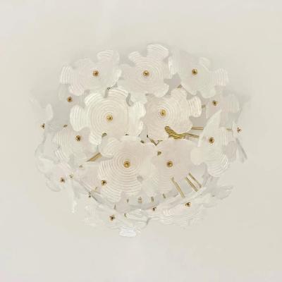 Contemporary Italian Brass Satin White Murano Glass Flower Sputnik Flushmount