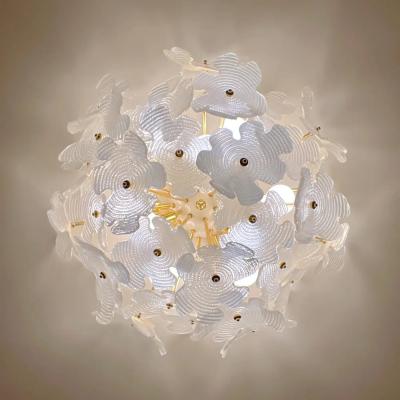Contemporary Italian Brass Satin White Murano Glass Flower Sputnik Flushmount