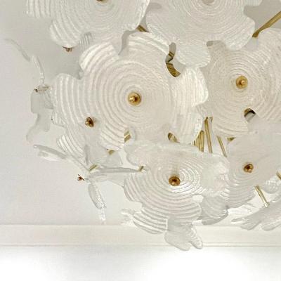 Contemporary Italian Brass Satin White Murano Glass Flower Sputnik Flushmount