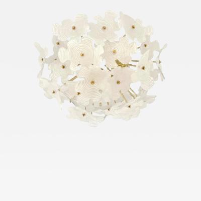 Contemporary Italian Brass Satin White Murano Glass Flower Sputnik Flushmount