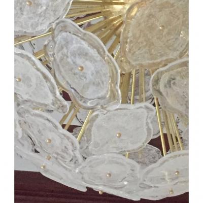 Contemporary Italian Brass White Frosted Murano Glass Leaf Sputnik Chandelier