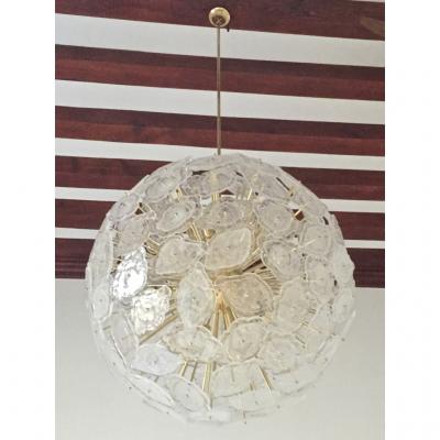 Contemporary Italian Brass White Frosted Murano Glass Leaf Sputnik Chandelier