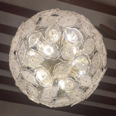 Contemporary Italian Brass White Frosted Murano Glass Leaf Sputnik Chandelier