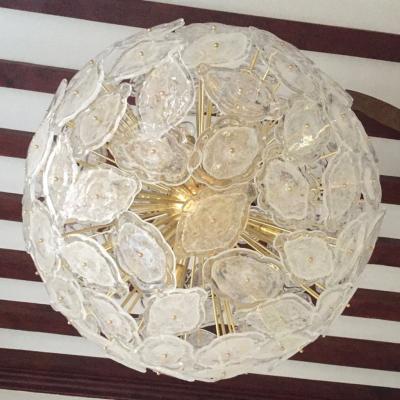 Contemporary Italian Brass White Frosted Murano Glass Leaf Sputnik Chandelier