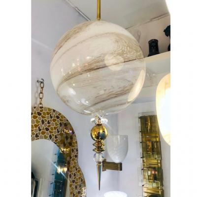 Contemporary Italian Brass and Cream White Alabaster Glass Round Pendant Light