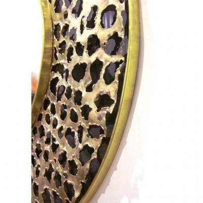 Contemporary Italian Brutalist Leopard Brass and Black Glass Modern Round Mirror