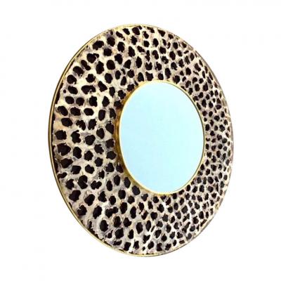 Contemporary Italian Brutalist Leopard Brass and Black Glass Modern Round Mirror
