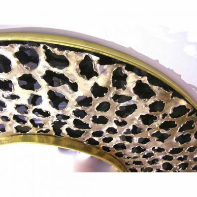 Contemporary Italian Brutalist Leopard Brass and Black Glass Modern Round Mirror