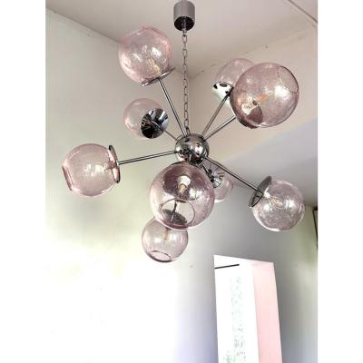 Contemporary Italian Chromed Sputnik Chandelier in Pink Pulegoso Murano Glass