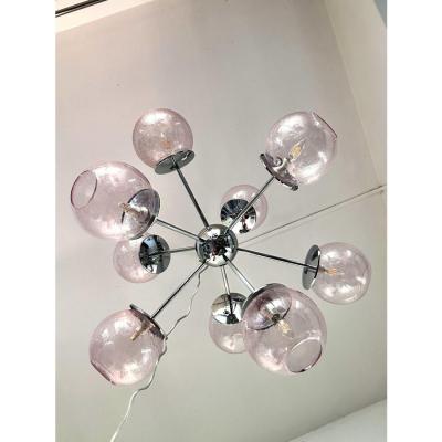 Contemporary Italian Chromed Sputnik Chandelier in Pink Pulegoso Murano Glass