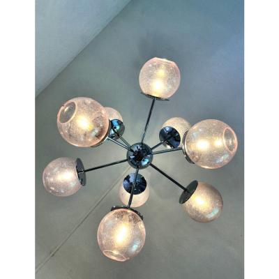 Contemporary Italian Chromed Sputnik Chandelier in Pink Pulegoso Murano Glass