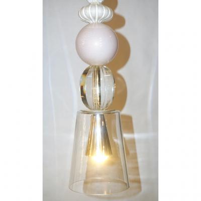Contemporary Italian Crystal Pink Gold Cream White Murano Glass Pendant Light