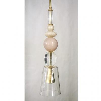 Contemporary Italian Crystal Pink Gold Cream White Murano Glass Pendant Light