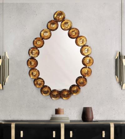 Contemporary Italian Custom Amber Murano Glass Disk Drop Shape Modern Mirror