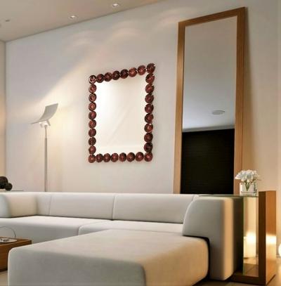Contemporary Italian Custom Amber Murano Glass Disk Drop Shape Modern Mirror