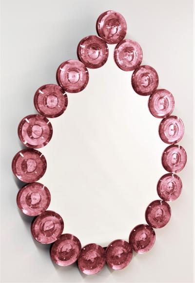 Contemporary Italian Custom Amber Murano Glass Disk Drop Shape Modern Mirror