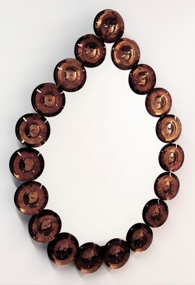 Contemporary Italian Custom Amber Murano Glass Disk Drop Shape Modern Mirror