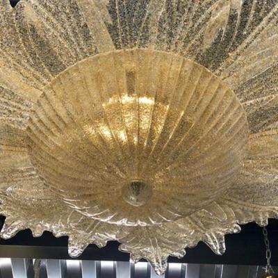 Contemporary Italian Custom Amber Textured Murano Glass Brass Flower Flush Mount