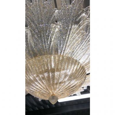 Contemporary Italian Custom Amber Textured Murano Glass Brass Flower Flush Mount