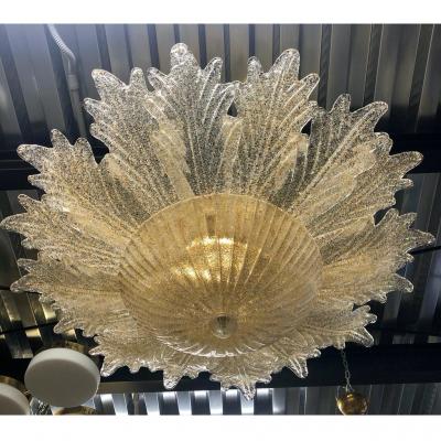 Contemporary Italian Custom Amber Textured Murano Glass Brass Flower Flush Mount