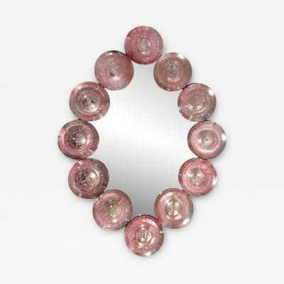 Contemporary Italian Custom Blush Pink Murano Glass Disc Modern Oval Mirror