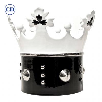 Contemporary Italian Enameled Black White Majolica Crown Bowl Platinum Accents