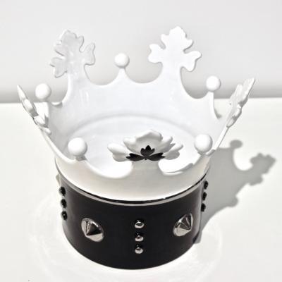 Contemporary Italian Enameled Black White Majolica Crown Bowl Platinum Accents